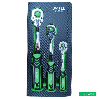 3pc Ratchet Set Soft Grip Handles 1/4 3/8 1/2in 90 Tooth Quick Release