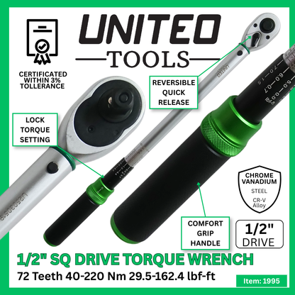 United Torque Wrench 40-220Nm 1/2" Square Dr Reversible 72T Ratchet Calibrated