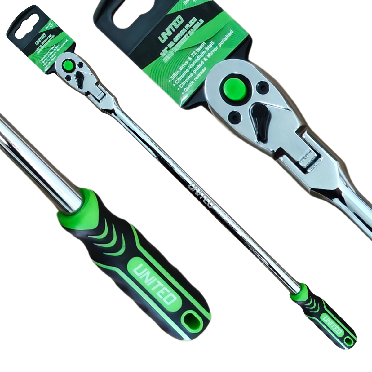 United Tools 3/8" Drive Extra Long Flexi Head Ratchet 457mm 72T Quick Release