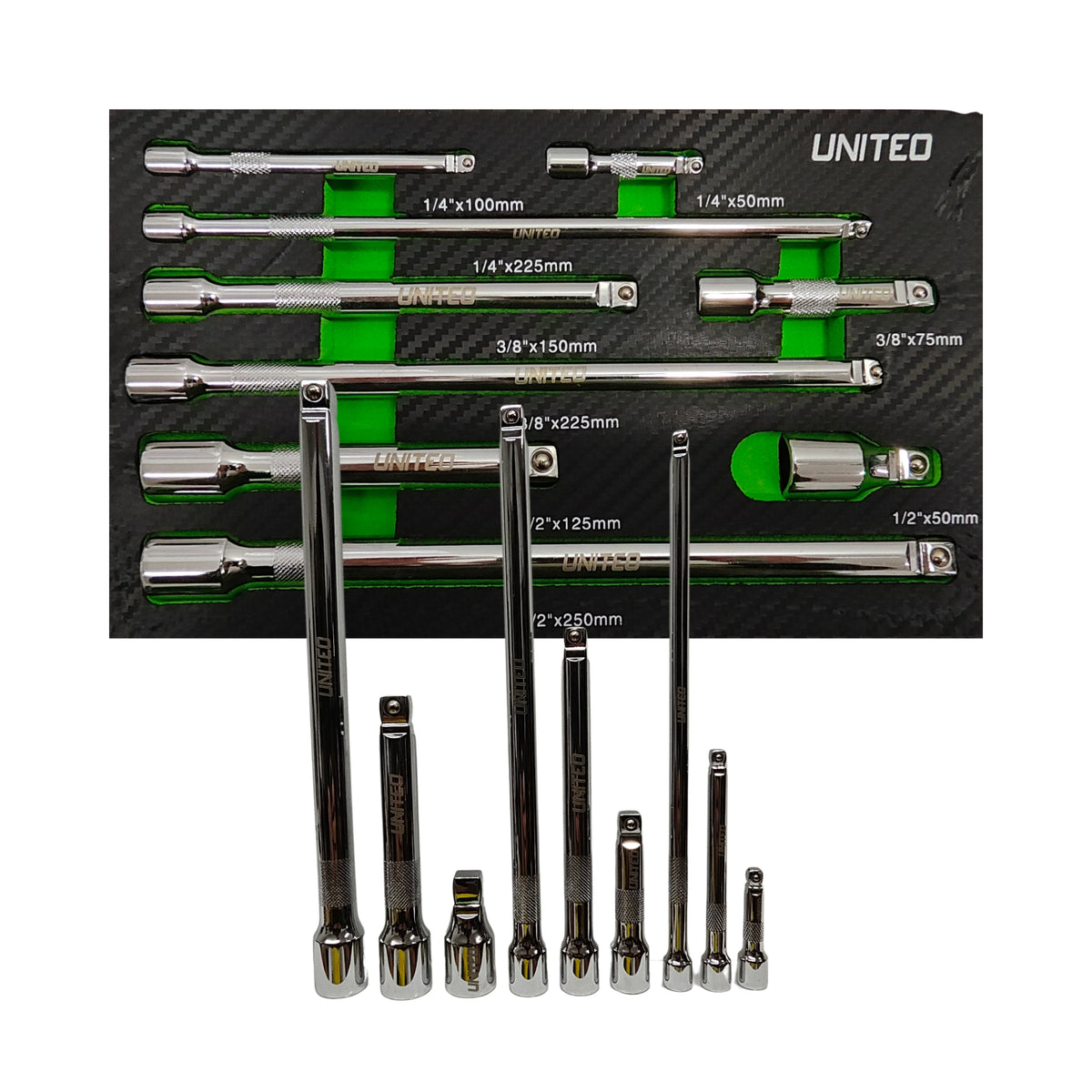 9PC Wobble Extension Bar Set 1/2", 1/4" & 3/8" 50-250mm in EVA FoamTray