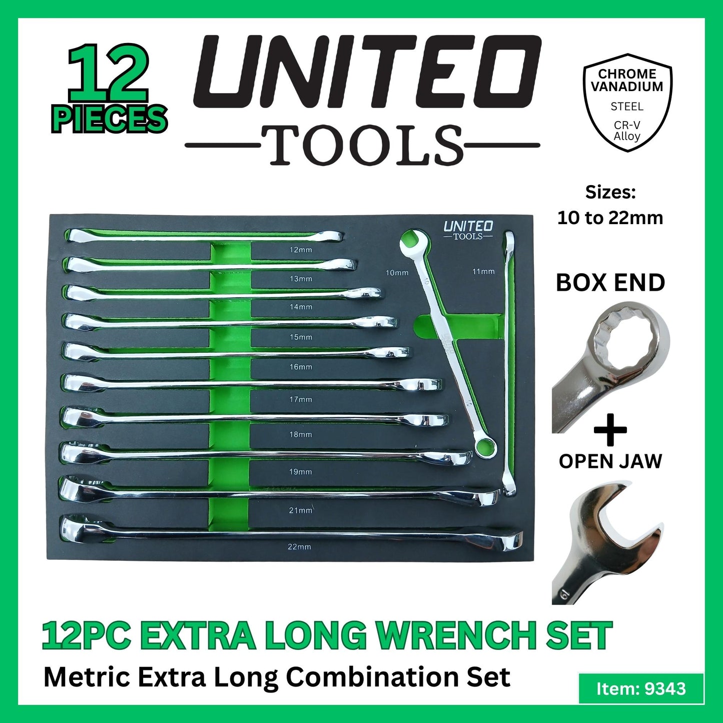 United Tools 12pc Extra Long Combination Spanner Set 10-22mm EVA Tray