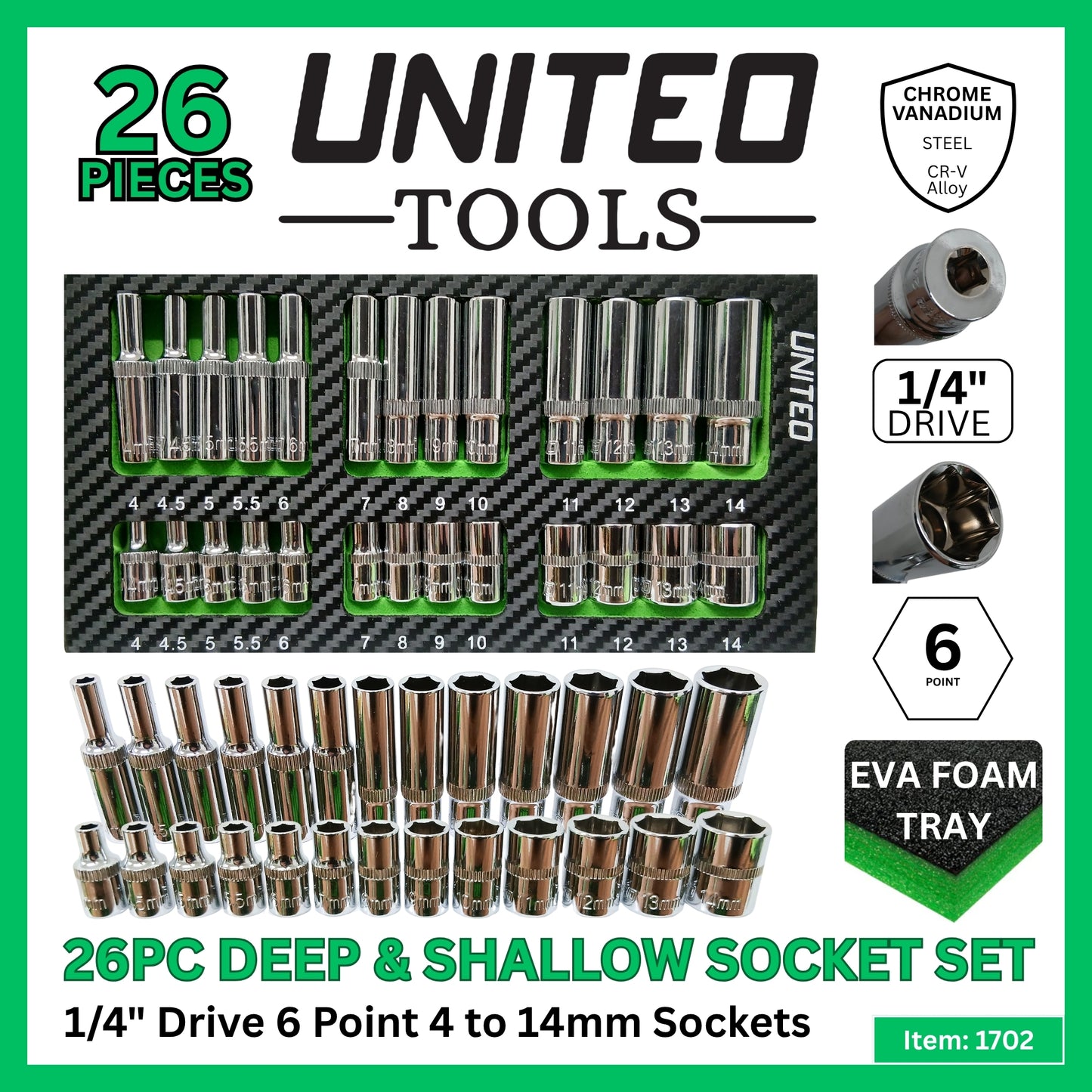 26PC Socket Set 1/4" Drive CrV 6-Point 4-14mm Deep & Shallow in EVA Foam Tray