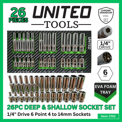 26PC Socket Set 1/4" Drive CrV 6-Point 4-14mm Deep & Shallow in EVA Foam Tray
