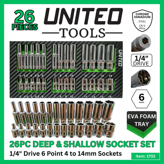 26PC Socket Set 1/4" Drive CrV 6-Point 4-14mm Deep & Shallow in EVA Foam Tray