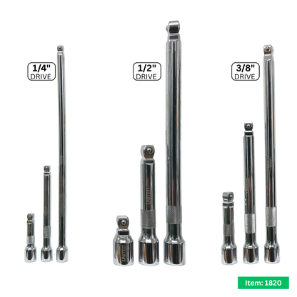 9PC Wobble Extension Bar Set 1/2", 1/4" & 3/8" 50-250mm in EVA FoamTray