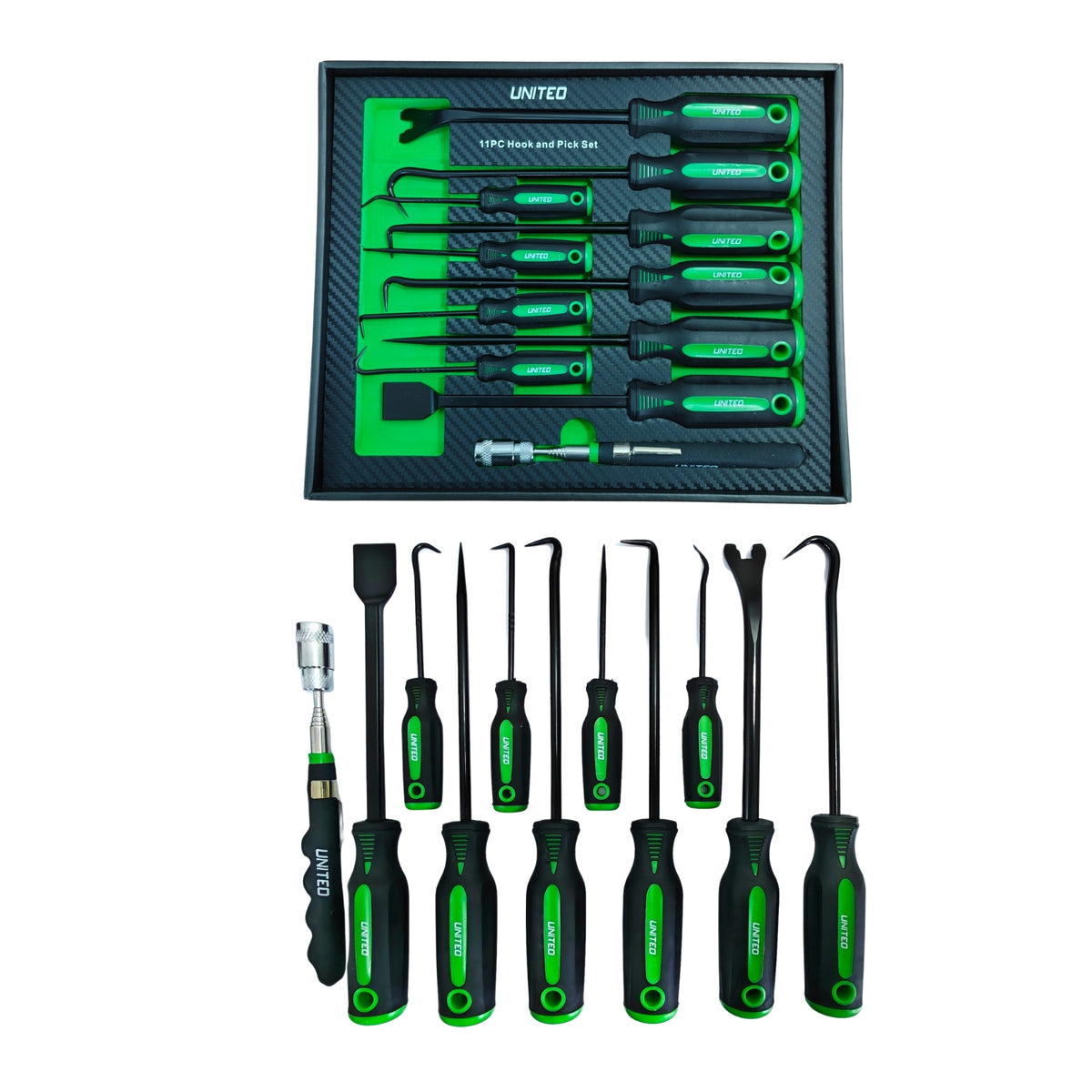 United Tools 11PC Hook Pick Scraper & LED Telescopic Magnet Set