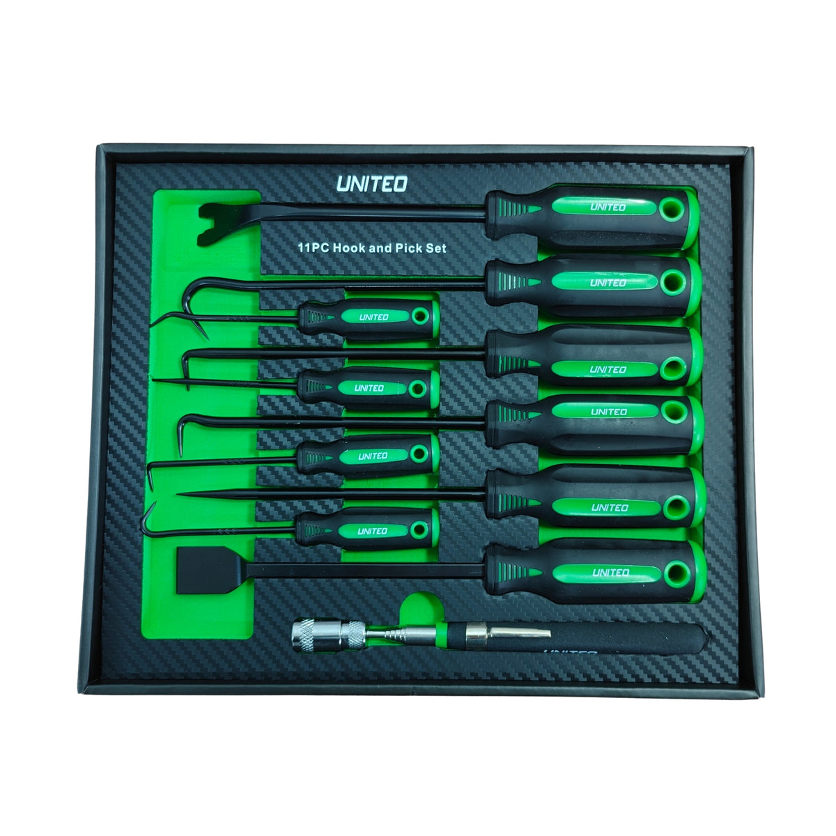 United Tools 11PC Hook Pick Scraper & LED Telescopic Magnet Set