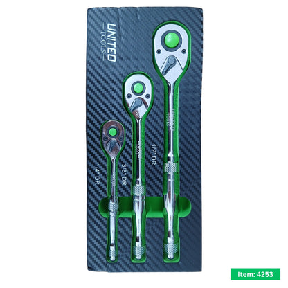3pc Ratchet Set Metal Handles 1/4 3/8 1/2in Drive 90 Tooth Quick Release
