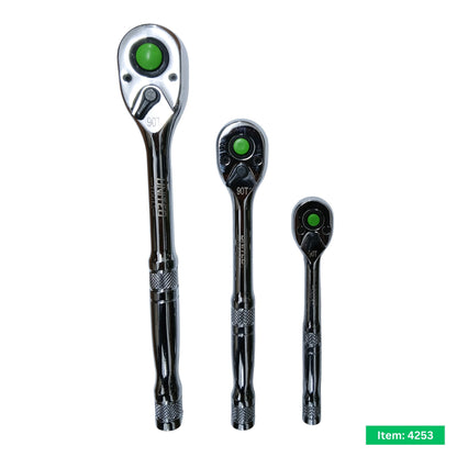 3pc Ratchet Set Metal Handles 1/4 3/8 1/2in Drive 90 Tooth Quick Release