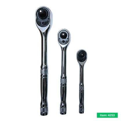 3pc Ratchet Set Metal Handles 1/4 3/8 1/2in Drive 90 Tooth Quick Release