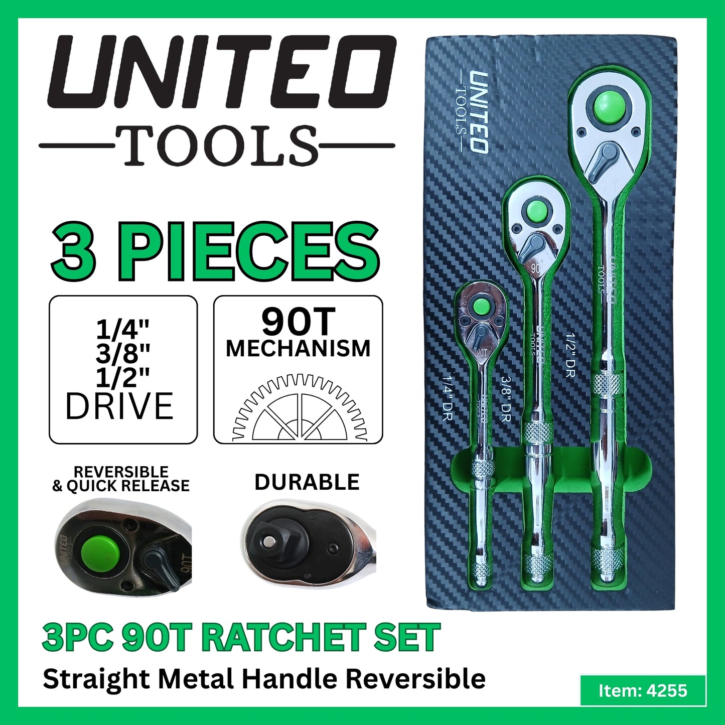 3pc Ratchet Set Metal Handles 1/4 3/8 1/2in Drive 90 Tooth Quick Release