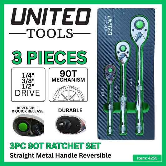 3pc Ratchet Set Metal Handles 1/4 3/8 1/2in Drive 90 Tooth Quick Release