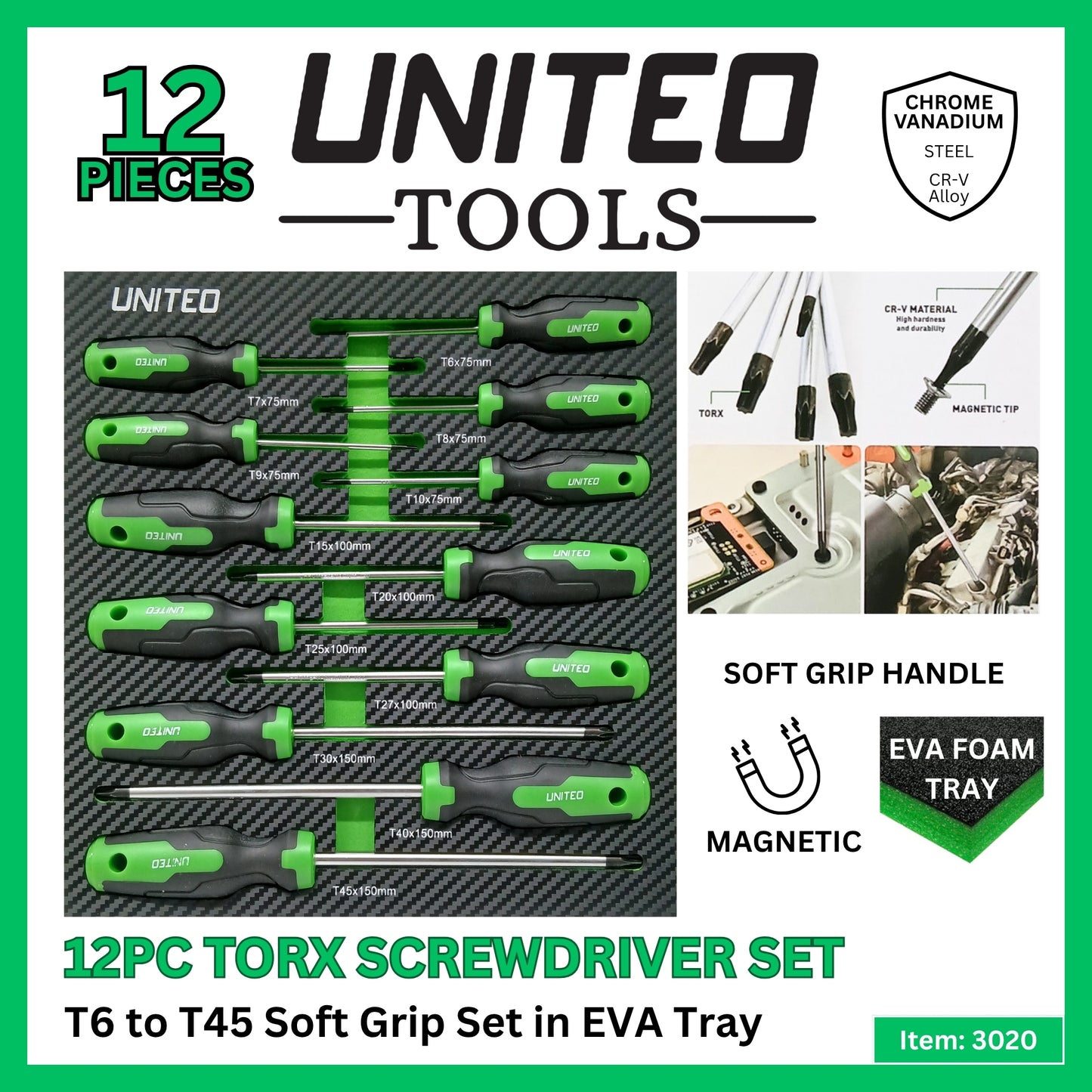 Magnetic TORX Screwdriver Set 12PC Star Tork Tool Set T6-T45 in EVA Tray