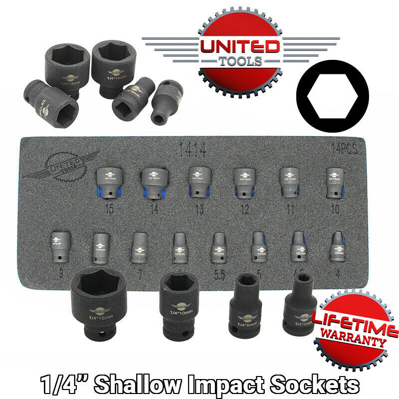1/4"Inch Dr SHALLOW IMPACT Socket Set Short Reach Sockets 4-15mm 6pt HEX