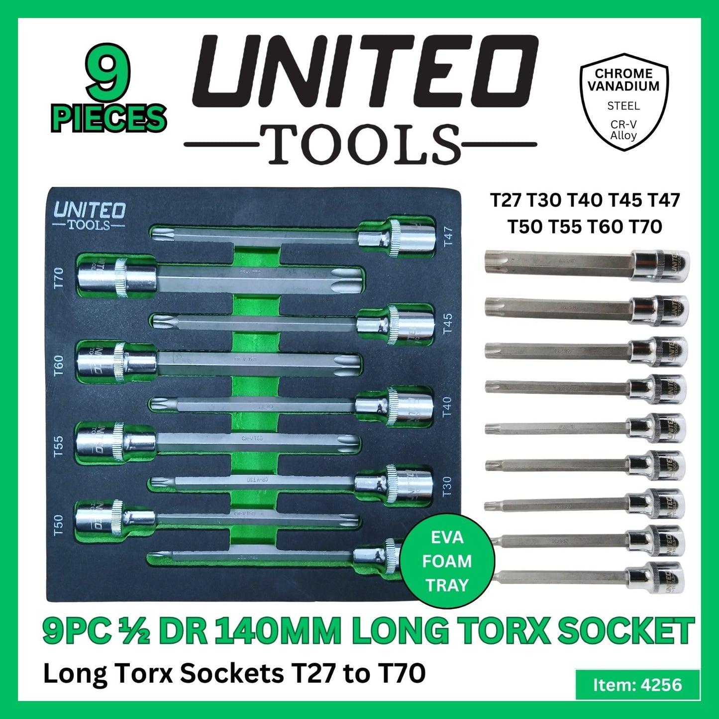 9PC 1/2" Dr 140mm Long TORX Bit Sockets-T27/30/40/45/47/50/55/60/70