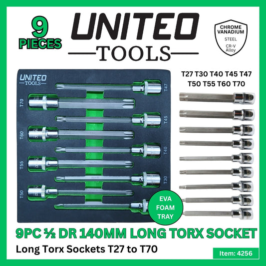9PC 1/2" Dr 140mm Long TORX Bit Sockets-T27/30/40/45/47/50/55/60/70