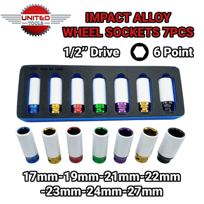 7PC 1/2 DEEP IMPACT Thin Wall Socket Set Alloy Wheels 17-27mm In Foam Sockets