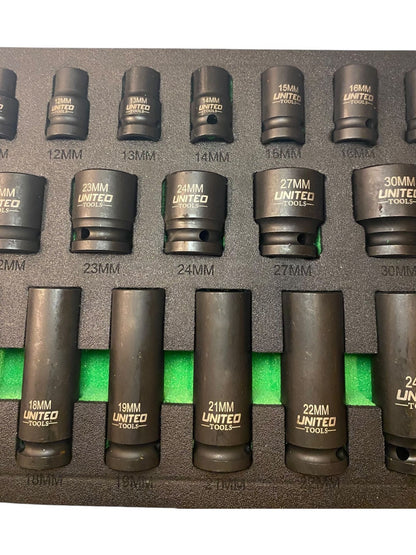 DEEP & SHALLOW IMPACT Socket Set 1/2"Dr 35PC 8-32mm 6pt HEX Sockets Set EVA