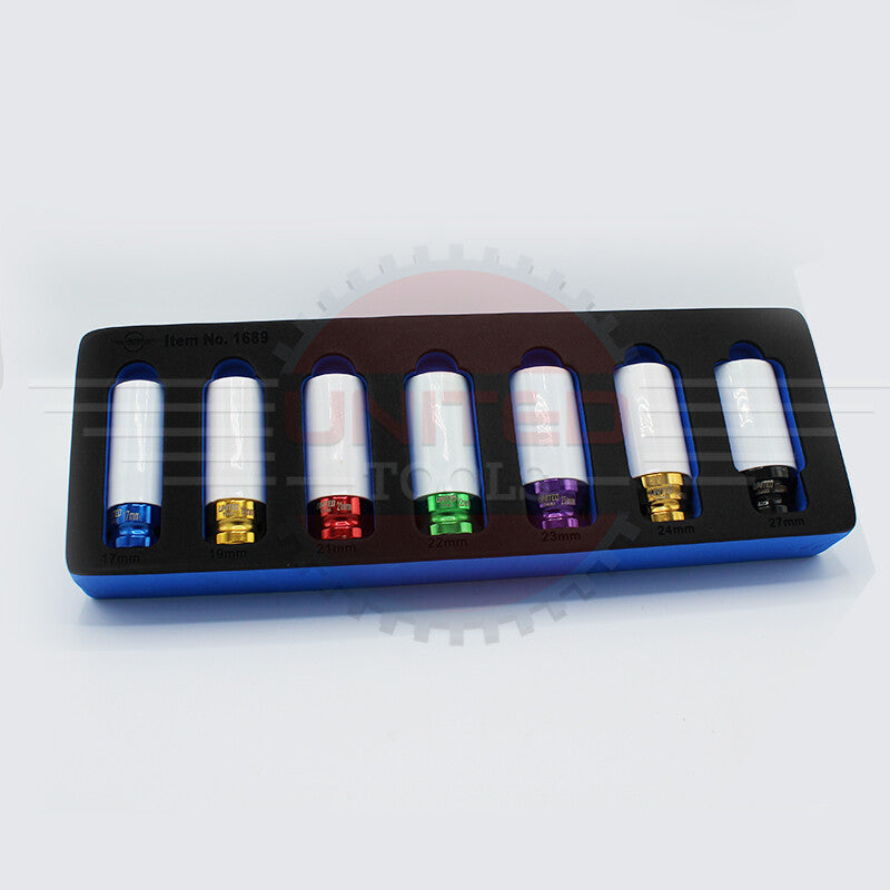 7PC 1/2 DEEP IMPACT Thin Wall Socket Set Alloy Wheels 17-27mm In Foam Sockets