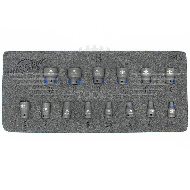 1/4"Inch Dr SHALLOW IMPACT Socket Set Short Reach Sockets 4-15mm 6pt HEX