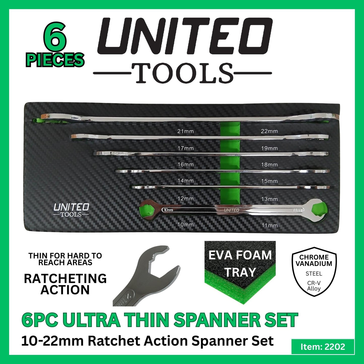 6PC Ultra Thin Ratcheting Action Spanner Set-10-22mm