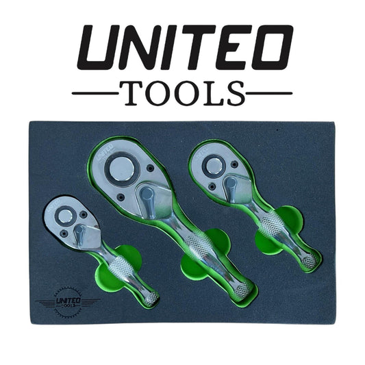 United Tools 3PC Quick Release Stubby Ratchet Set 1/4 Dr, 3/8 Dr & 1/2 Dr