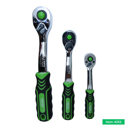 3pc Ratchet Set Soft Grip Handles 1/4 3/8 1/2in 90 Tooth Quick Release