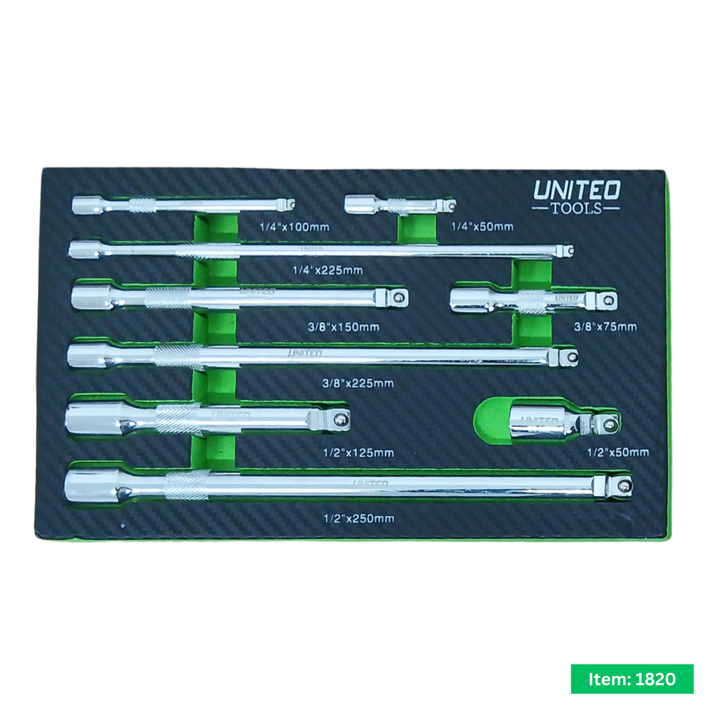 9PC Wobble Extension Bar Set 1/2", 1/4" & 3/8" 50-250mm in EVA FoamTray