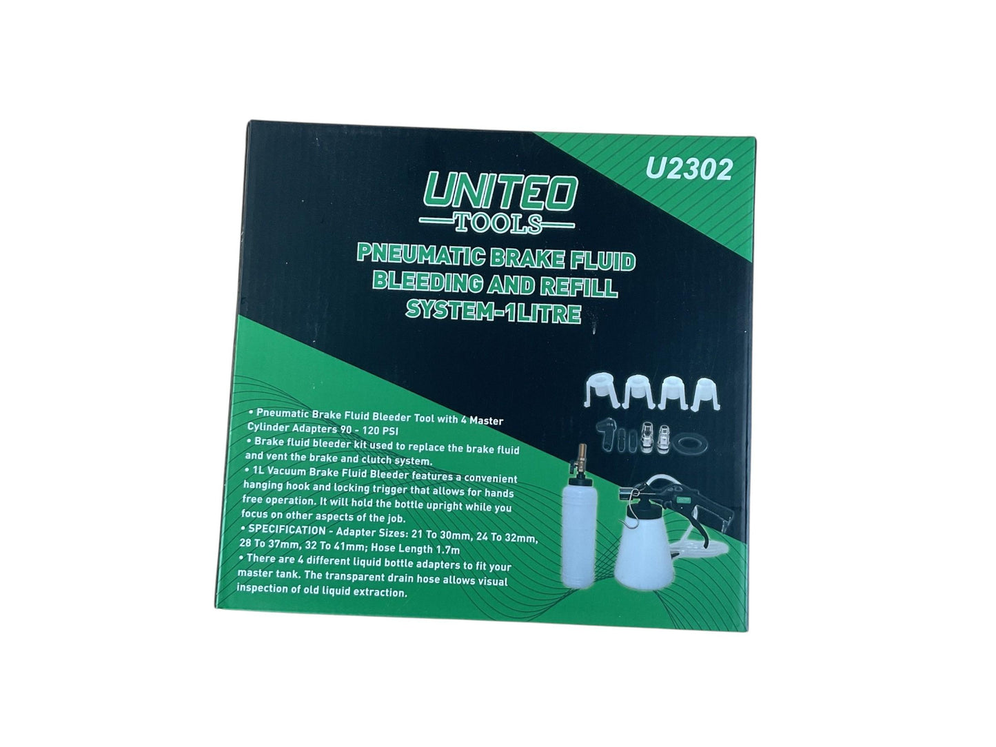 United Tools U2302 Pneumatic Brake Fluid & Refill System 1 Litre 90-120Psi 17M Hose 21-30mm Adapters For 4 Master Cylinders