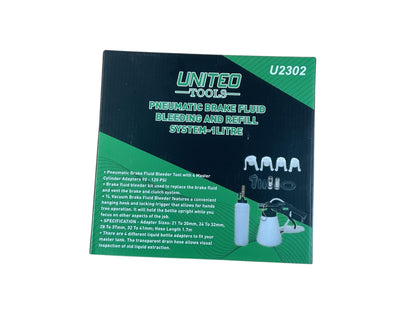 United Tools U2302 Pneumatic Brake Fluid & Refill System 1 Litre 90-120Psi 17M Hose 21-30mm Adapters For 4 Master Cylinders