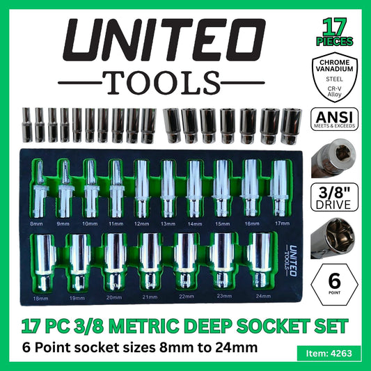 17PC 3/8 Dr Metric DEEP 6pt Chrome Vanadium Steel Socket Set 8-24mm
