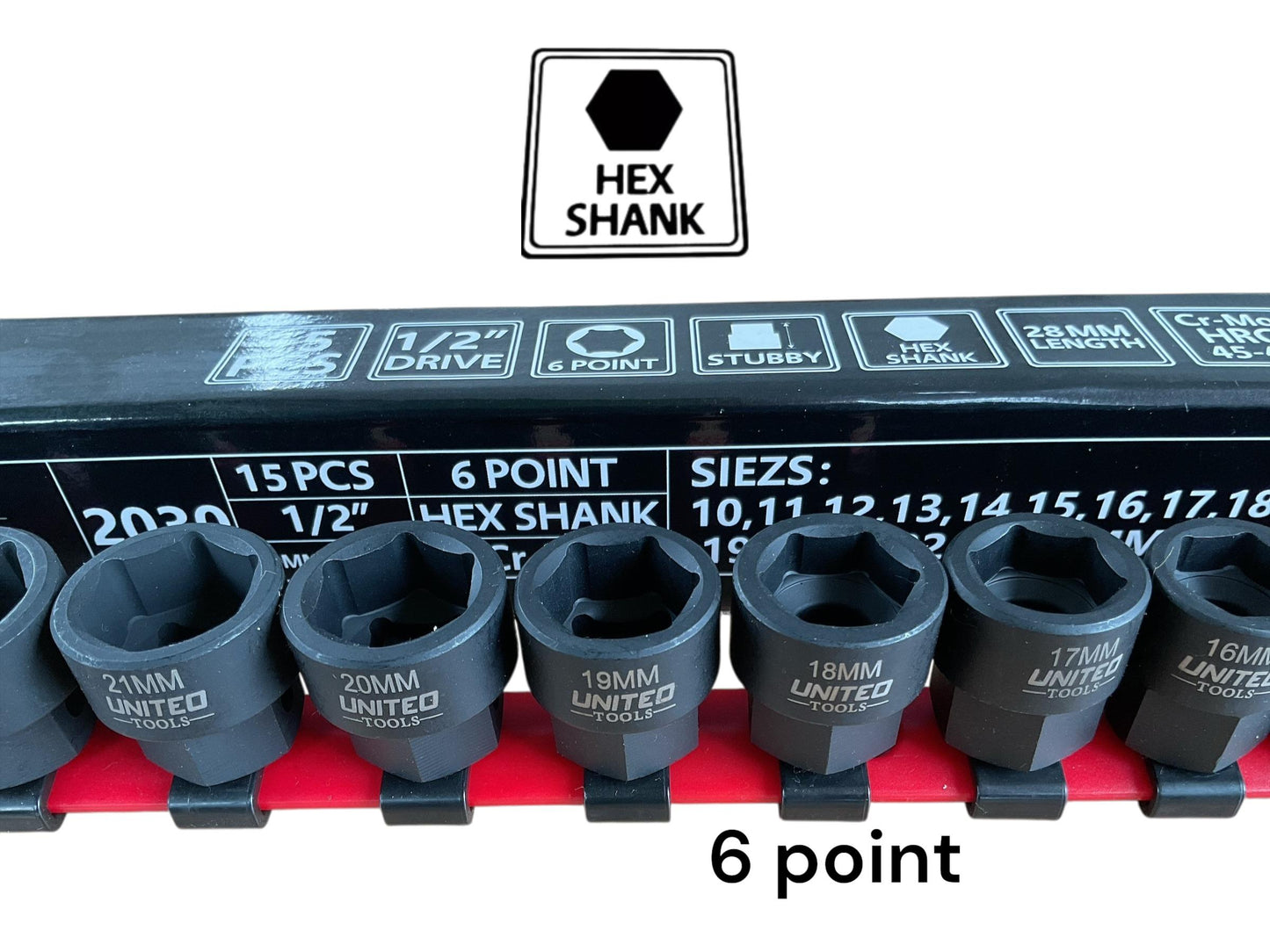 United Tools 1/2"Dr HEX Shank Stubby Short IMPACT Socket Set 15-Piece 10-24mm