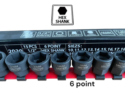 United Tools 1/2"Dr HEX Shank Stubby Short IMPACT Socket Set 15-Piece 10-24mm
