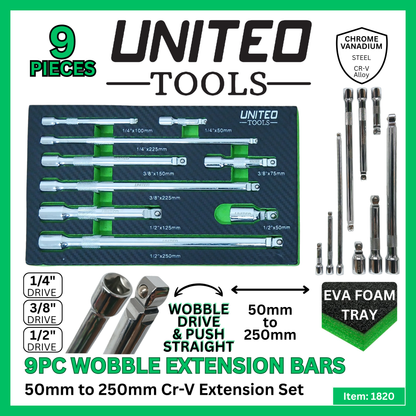 9PC Wobble Extension Bar Set 1/2", 1/4" & 3/8" 50-250mm in EVA FoamTray