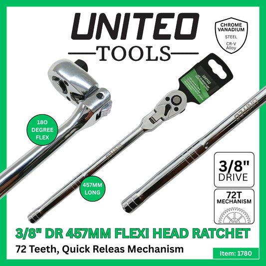 3/8" Drive Flexi Head Ratchet Handle Socket Wrench 72T Extra Long 457mm
