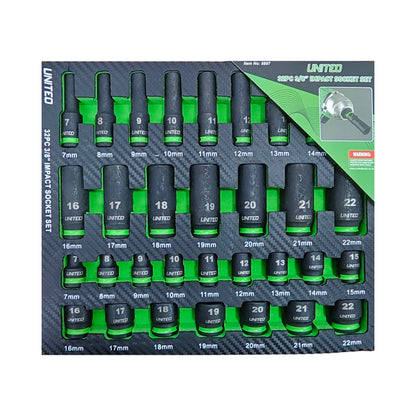 32PC 3/8 Dr IMPACT DEEP And SHALLOW Sockets Metric 8-22mm