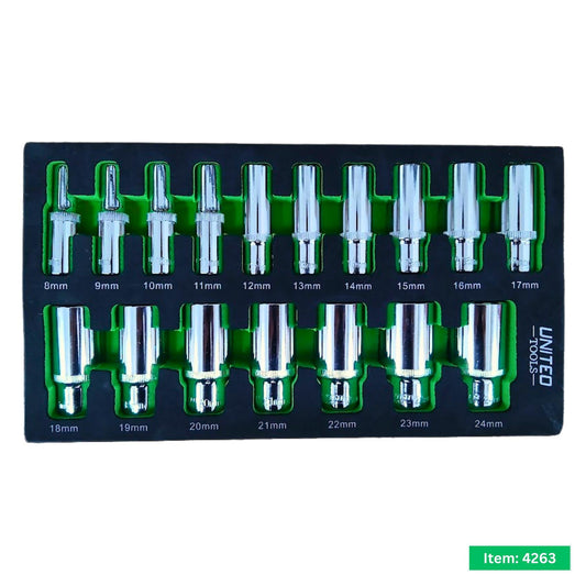 17PC 3/8 Dr Metric DEEP 6pt Chrome Vanadium Steel Socket Set 8-24mm