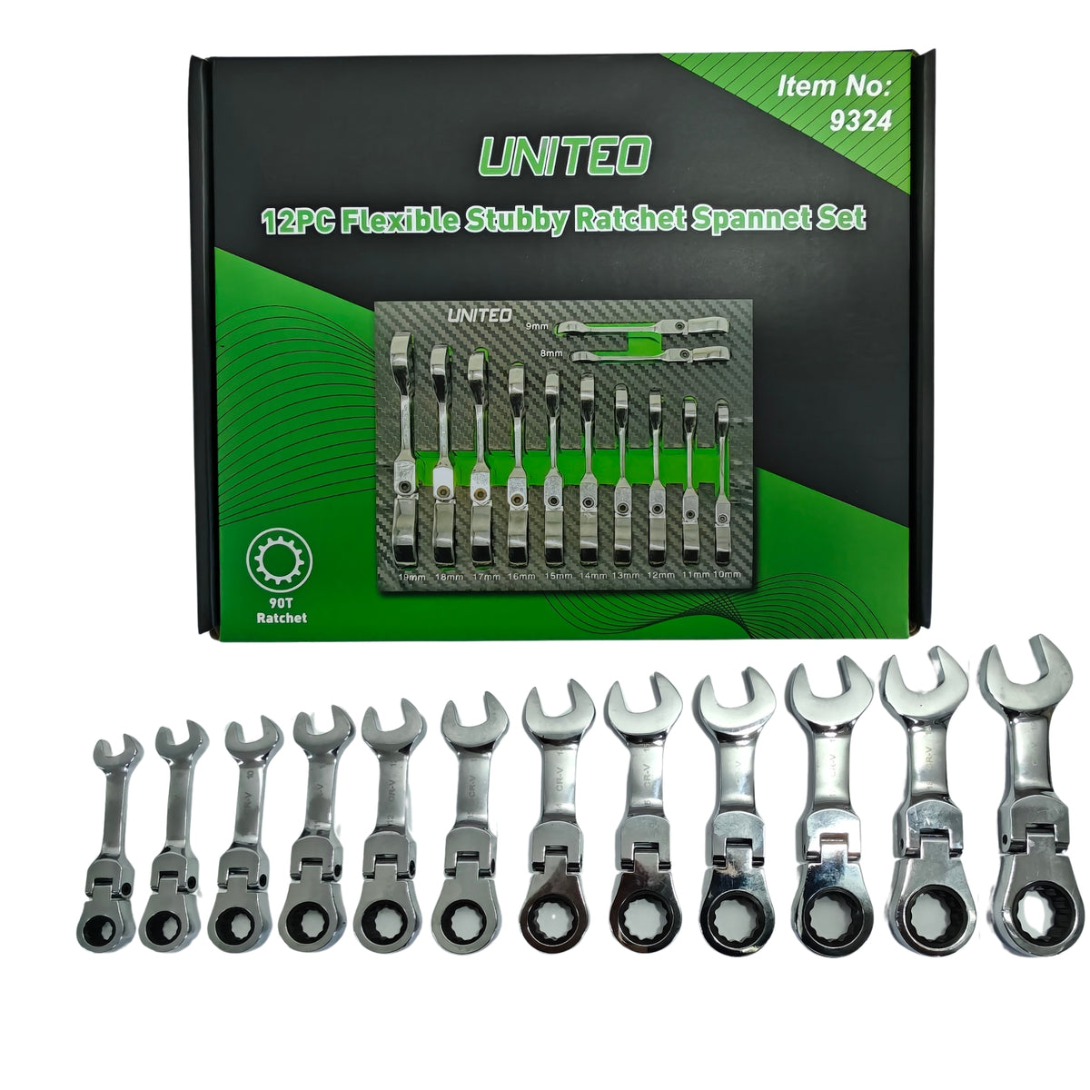United Tools 12PC Stubby Flexi Head Ratchet Spanner Set 8-19mm 90T