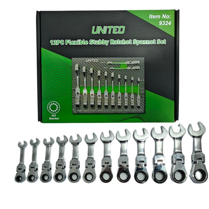 United Tools 12PC Stubby Flexi Head Ratchet Spanner Set 8-19mm 90T
