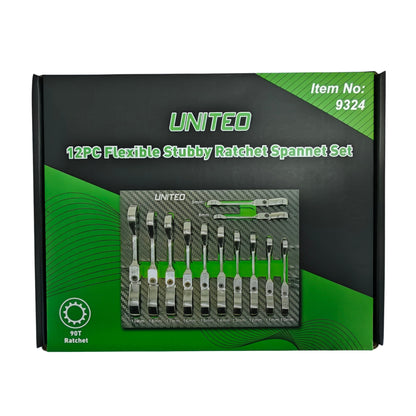 United Tools 12PC Stubby Flexi Head Ratchet Spanner Set 8-19mm 90T