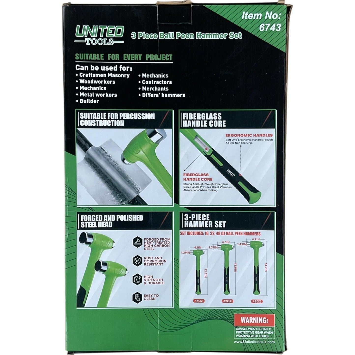 United Tools Dead Blow Ball Pein Hammer 16Oz, 32Oz, 48Oz Set Of 3 With EVA Foam Tray