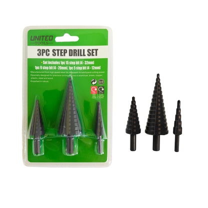 United Tools 3 Piece HSS Step Drill Bit Set 4-32mm | Metal, Wood & Plastic