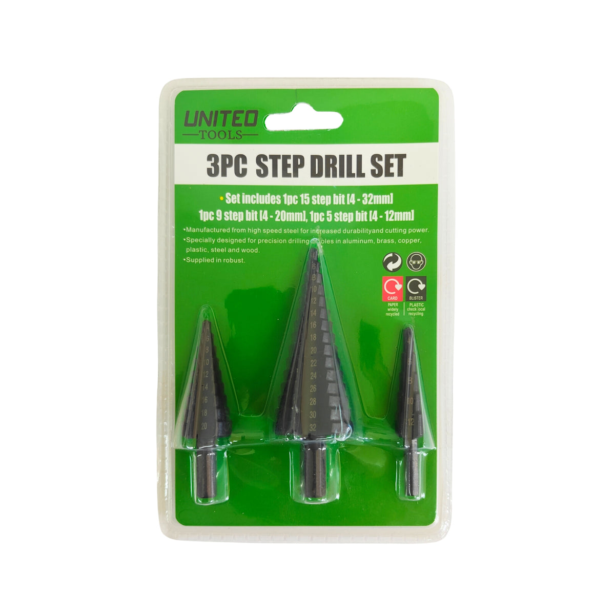 United Tools 3 Piece HSS Step Drill Bit Set 4-32mm | Metal, Wood & Plastic