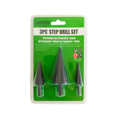 United Tools 3 Piece HSS Step Drill Bit Set 4-32mm | Metal, Wood & Plastic