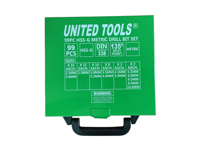 United Tools 99PC HSS-G Metric Drill Bit Set 135 Split Point Designed For Steel