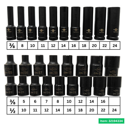 27PC 3/8 & 1/2" Dr Deep & Shallow IMPACT Female E-TORX Socket Set