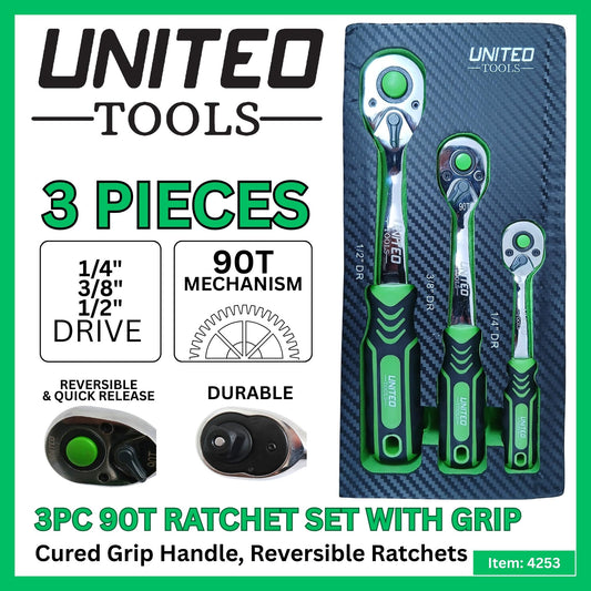 3pc Ratchet Set Soft Grip Handles 1/4 3/8 1/2in 90 Tooth Quick Release