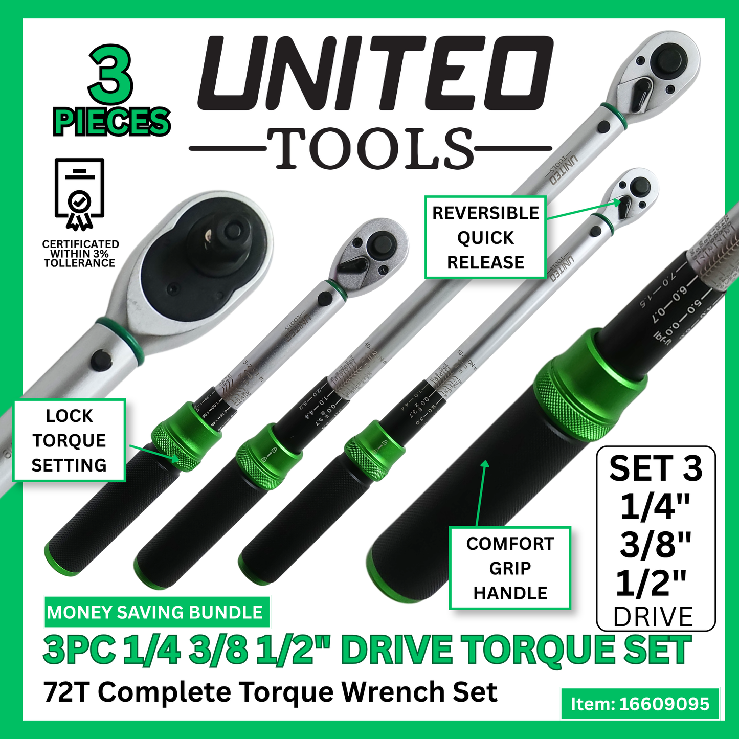 3PC Torque Wrench Set 1/4, 3/8, 1/2" in Drive, Quick Release Calibrated