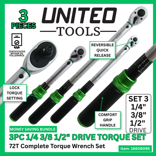 3PC Torque Wrench Set 1/4, 3/8, 1/2" in Drive, Quick Release Calibrated