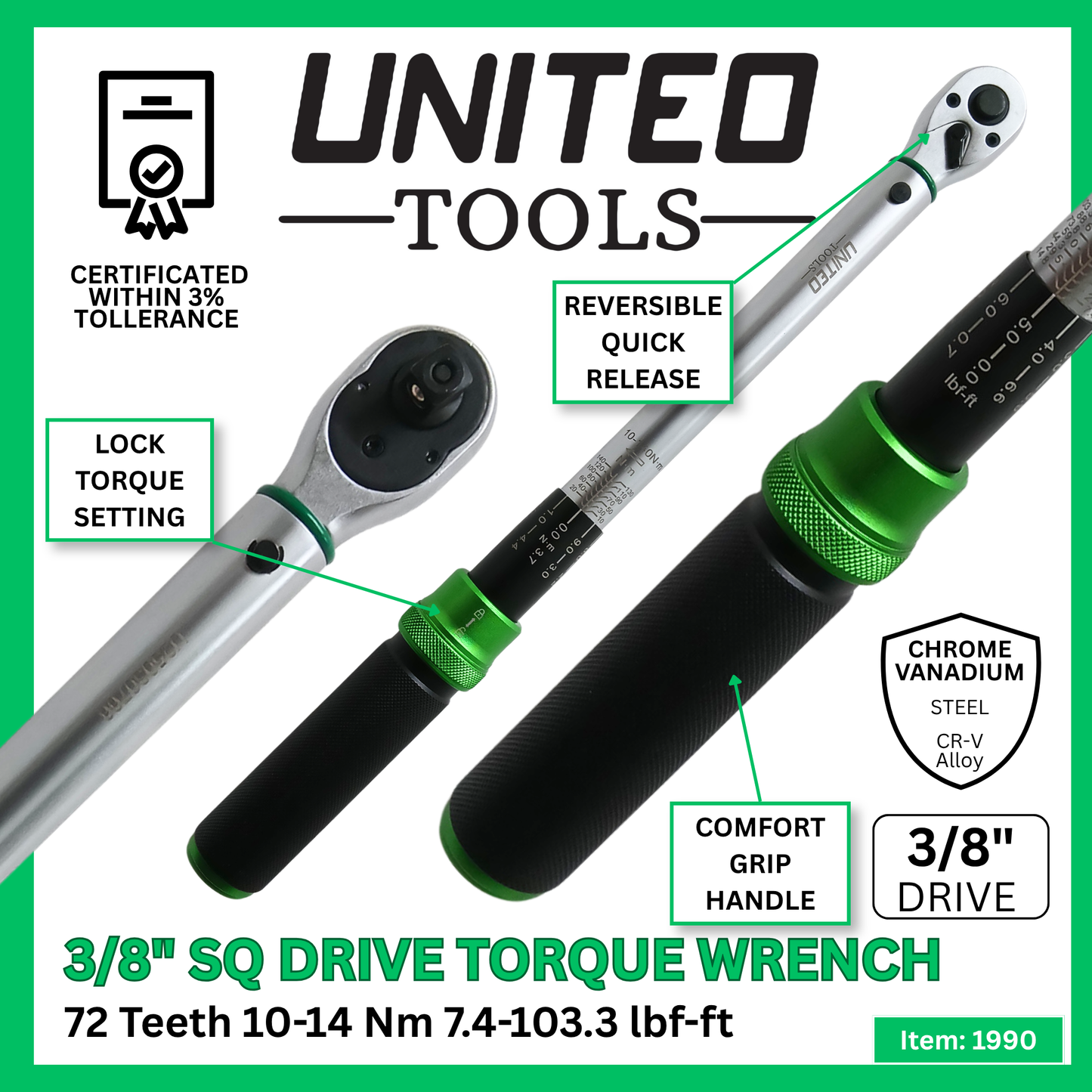 United Torque Wrench 10-140 Nm 3/8" Square Dr Reversible Ratchet Calibrated